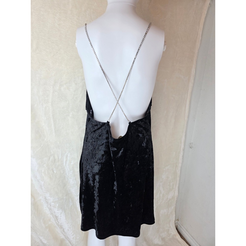Black crushed Velvet‎ Rhinestone Chain Strap Mini Dress Party Clubwear XXL - Picture 4 of 5